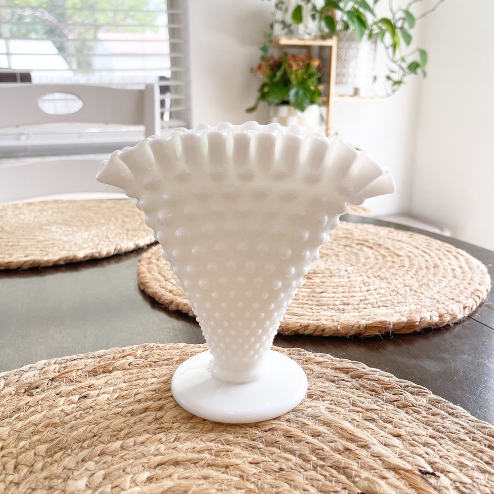 Fenton White Milk‎ Glass Hobnail Fan Vase Ruffled Crimped Edge Pedestal Base